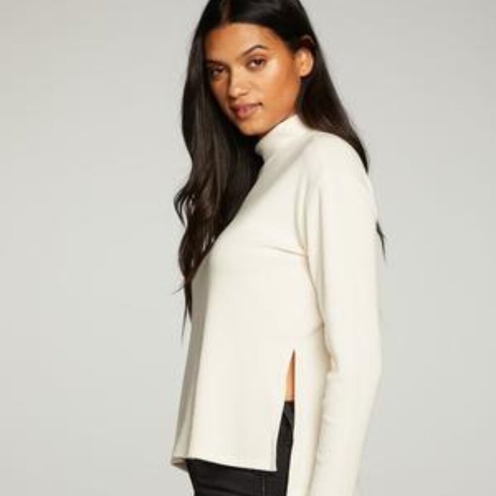 RPET Love Rib Mock Neck Side Slit Long Sleeve Hi Lo Pullover - Chaser Brand NWT